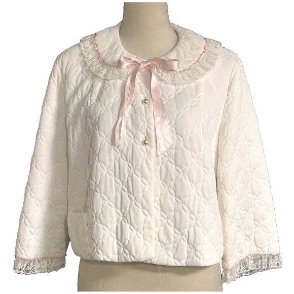 Vintage Ivory Satin Lace Embroidered Detail Quilted Bed Jacket Long Sleeve